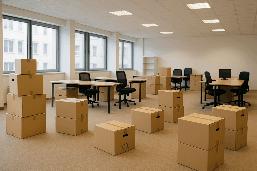 Büroauflösung in Dietzenbach – Kartons und leergeräumte Schreibtische in einem Großraumbüro